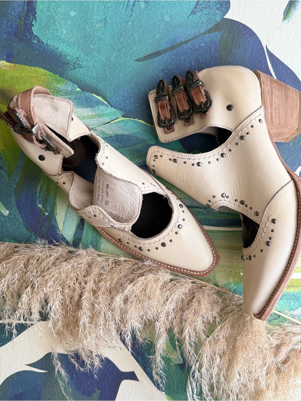 FREEBIRD western  Cream Leather Cutout Buckle Heels booties off white cream boho